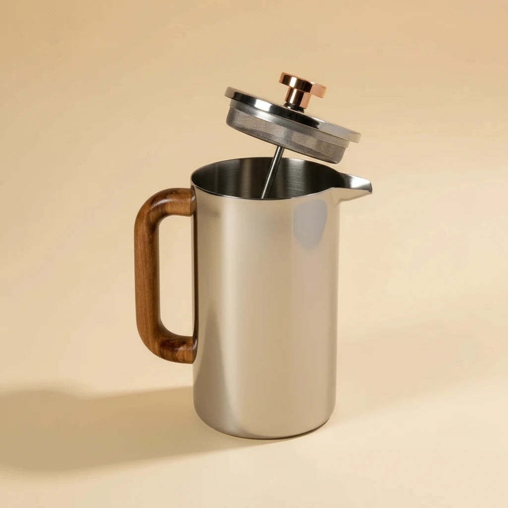 Oggi Stainless Steel & Wood French Press – Double-Walled Coffee Brewer