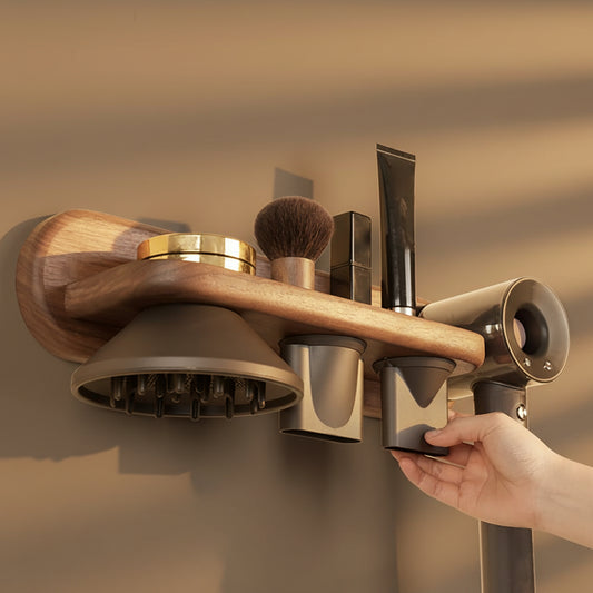 Walnut Wall-Mounted Hair Dryer Holder with Storage Shelf
