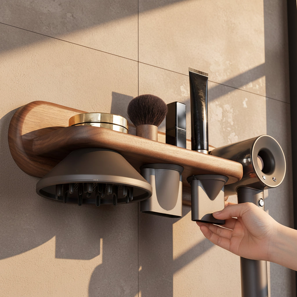Walnut Wall-Mounted Hair Dryer Holder with Storage Shelf