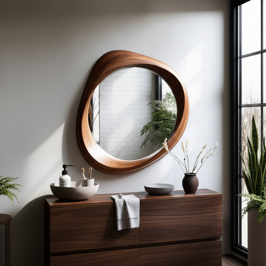 Asymmetrical Walnut Wood Mirror – Sculptural Wall Accent