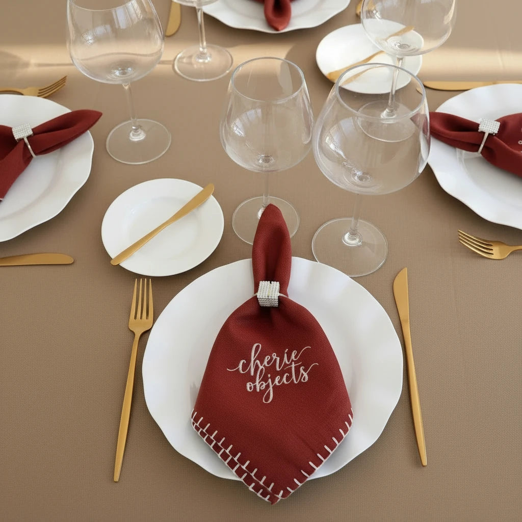 Signature Red Embroidered Napkin – Scalloped Stitch Table Linen