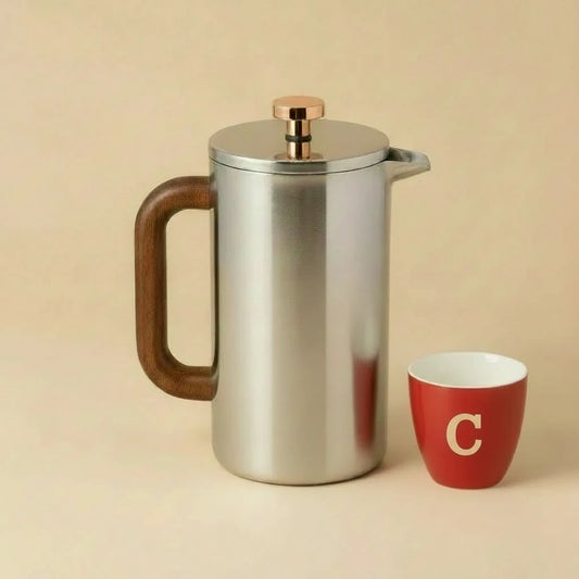Oggi Stainless Steel & Wood French Press – Double-Walled Coffee Brewer