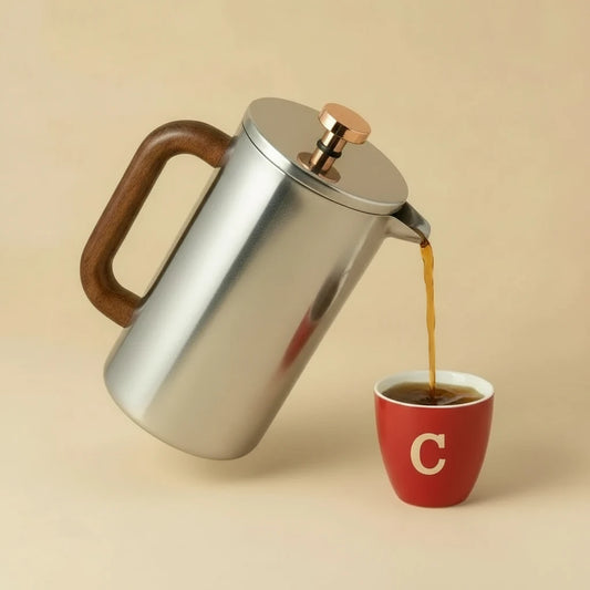 Oggi Stainless Steel & Wood French Press – Double-Walled Coffee Brewer