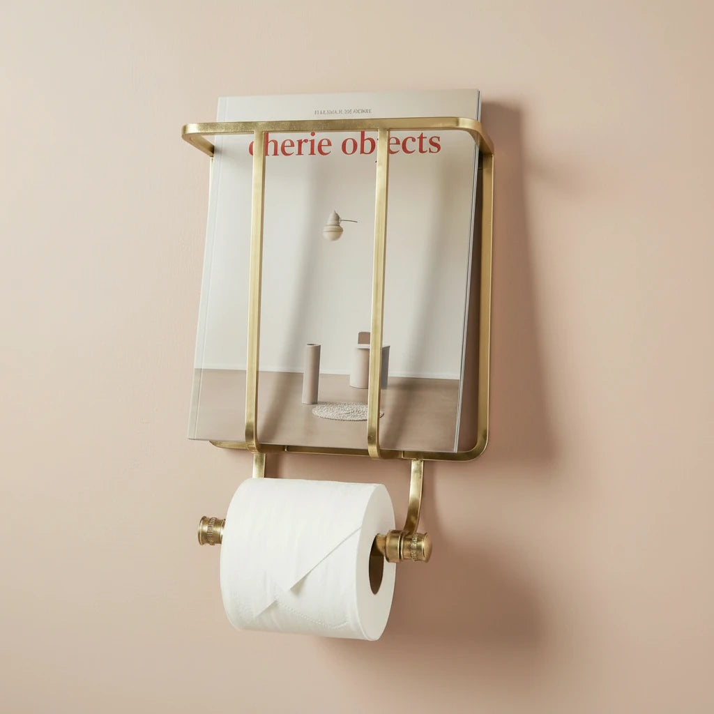 Wall-Mounted Magazine & Toilet Paper Holder with Stone Accent
