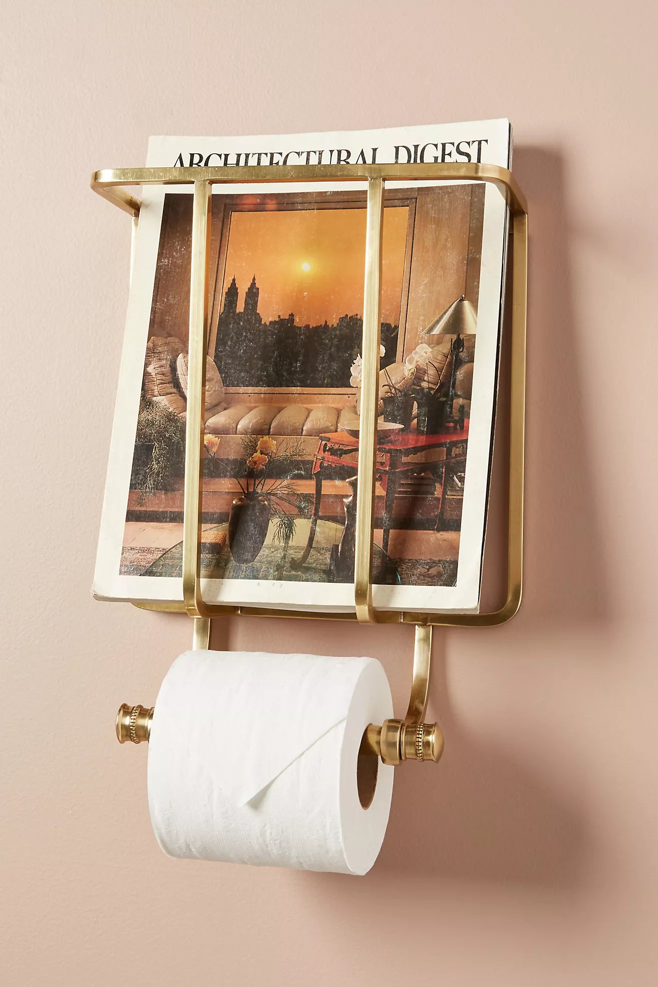 Wall-Mounted Magazine & Toilet Paper Holder with Stone Accent