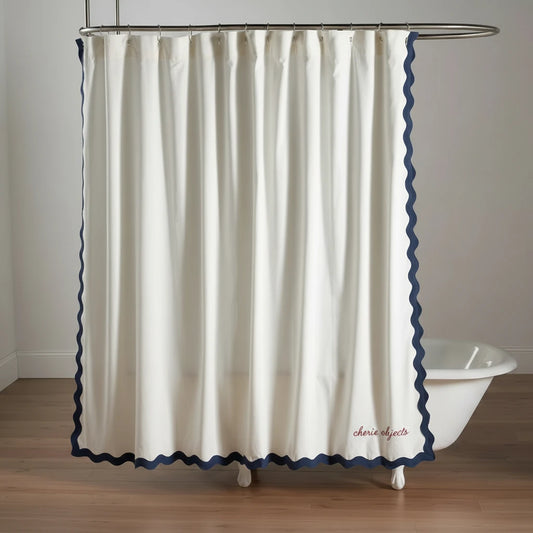 Embroidered Scalloped Cotton Shower Curtain – Soft Decorative Bath Textile