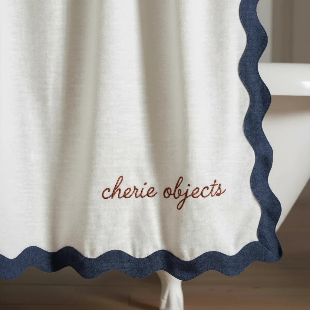 Embroidered Scalloped Cotton Shower Curtain – Soft Decorative Bath Textile