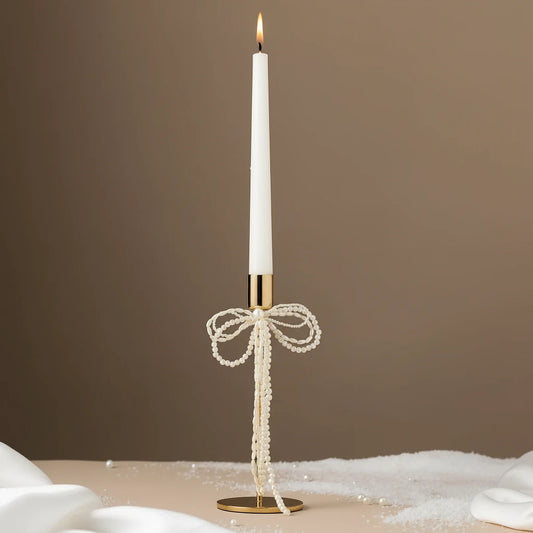 Gold Bow Candle Holder with Pearl Detail