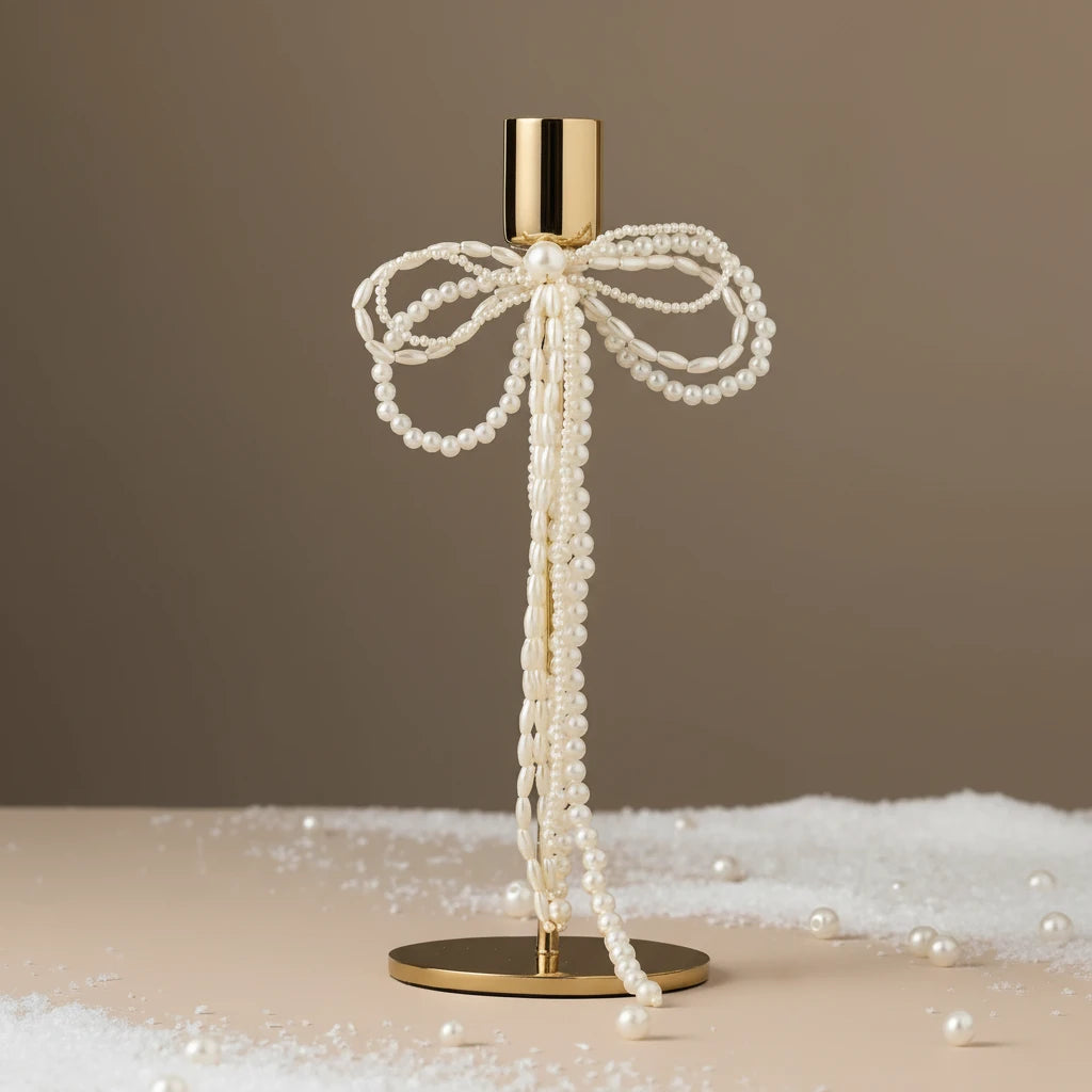 Gold Bow Candle Holder with Pearl Detail