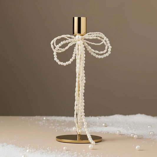 Gold Bow Candle Holder with Pearl Detail