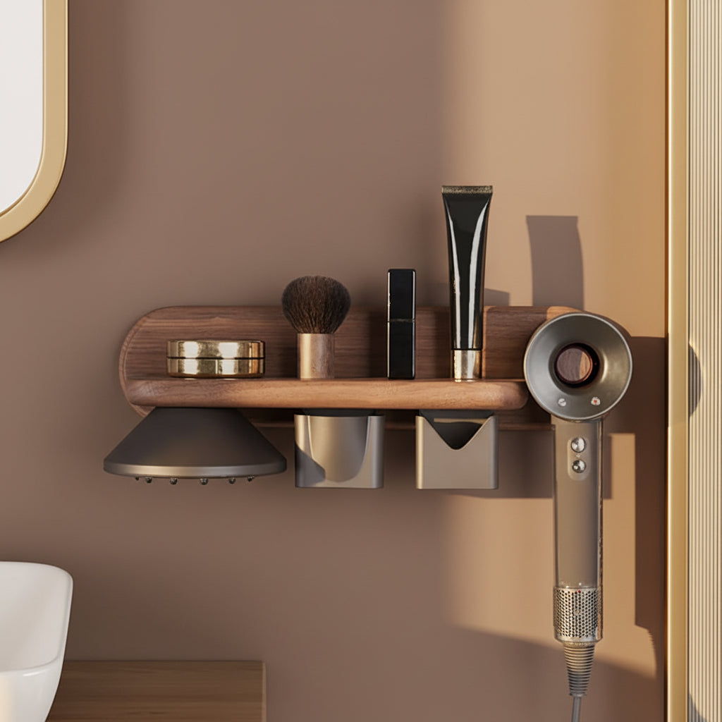 Walnut Wall-Mounted Hair Dryer Holder with Storage Shelf