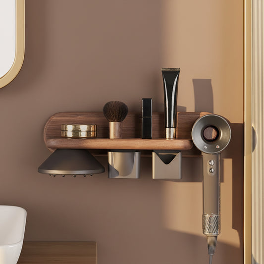 Walnut Wall-Mounted Hair Dryer Holder with Storage Shelf
