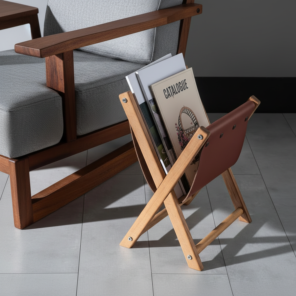 Handmade Wooden & Leather Magazine Rack