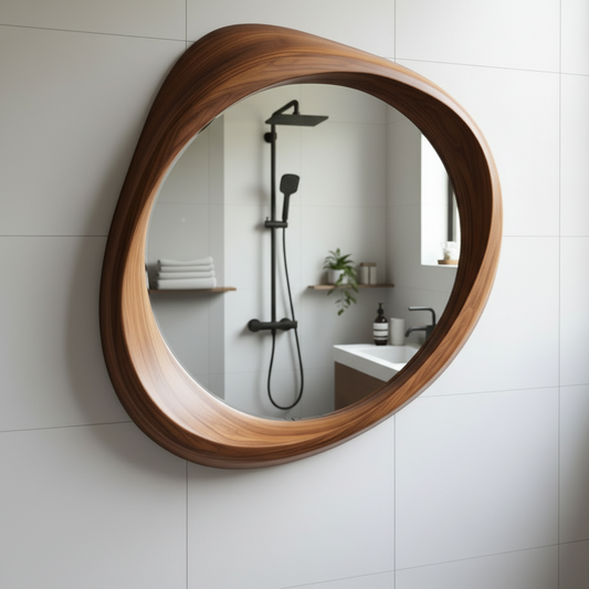 Asymmetrical Walnut Wood Mirror – Sculptural Wall Accent