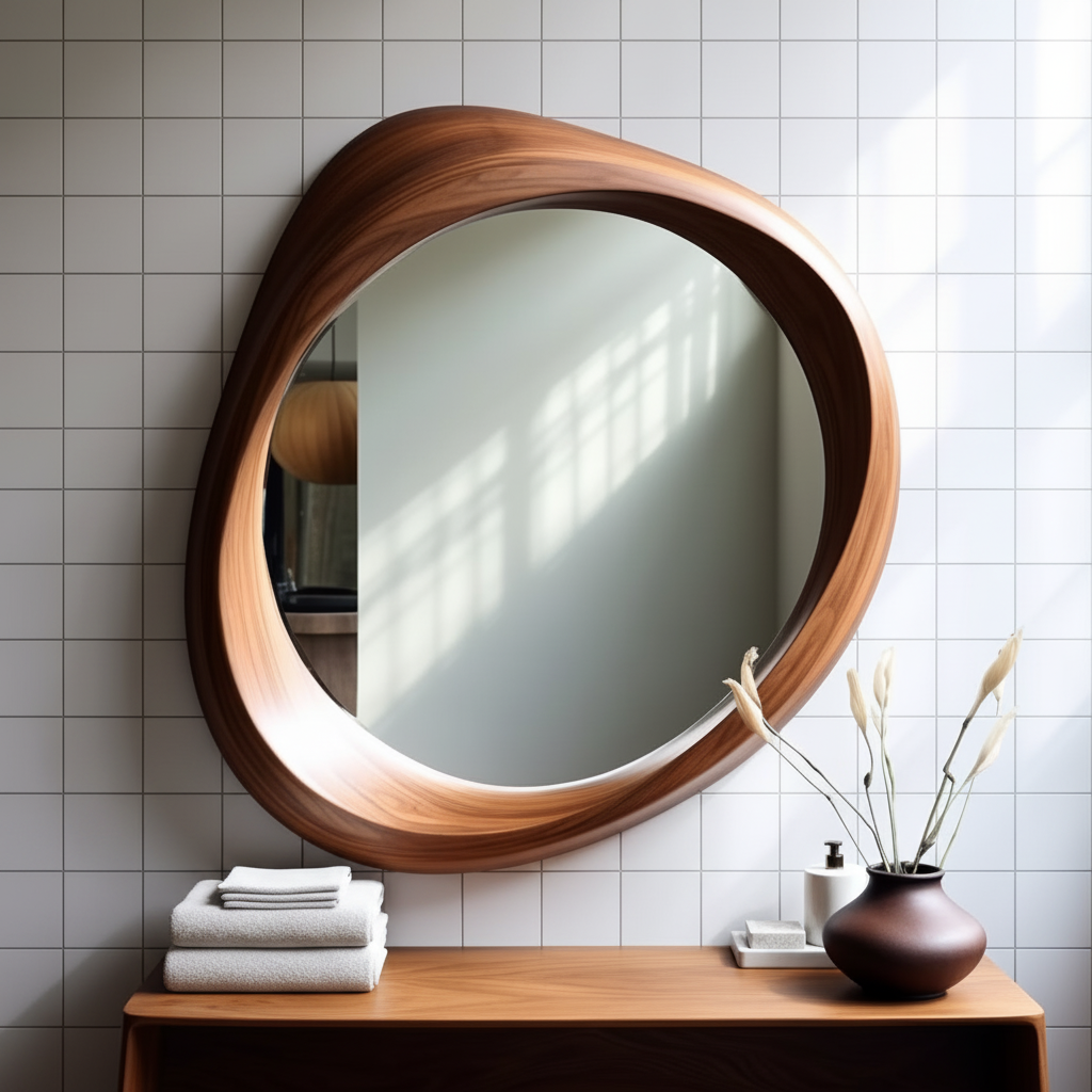 Asymmetrical Walnut Wood Mirror – Sculptural Wall Accent